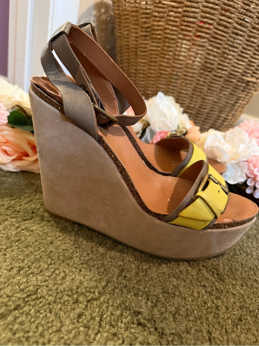Lucky Brand Yellow and Taupe Wedge Sandals with Ankle Strap